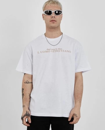 Erkek Bisiklet Yaka Tişort Baskılı Oversize Kısa Kol T-shirt - Beyaz