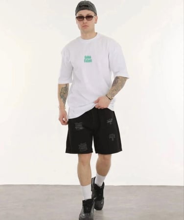 Erkek Kısa Kol Yazlık Tişört Bisiklet Yaka Baskılı Oversize T-shirt - Beyaz