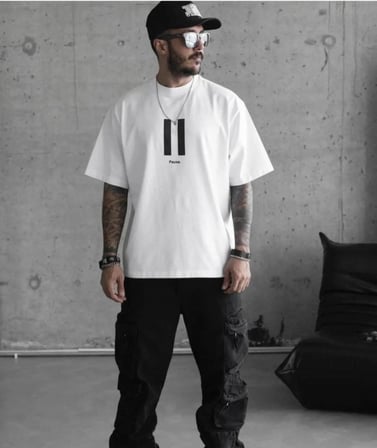 Erkek Kısa Kol Yazlık Tişört Bisiklet Yaka Baskılı Oversize T-shirt - Beyaz