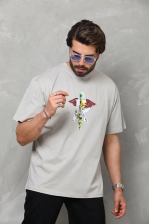 Erkek Baskılı T-shirt Kısa Kol Bisiklet Yaka Regular Fit Rahat Kalıp Tişört -  Gri