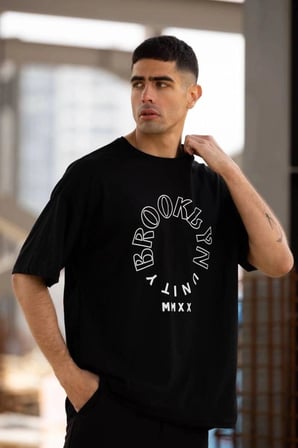 Erkek Baskılı T-shirt Kısa Kol Bisiklet Yaka Regular Fit Rahat Kalıp Günlük Tişört - Siyah
