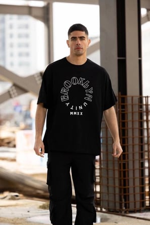 Erkek Baskılı T-shirt Kısa Kol Bisiklet Yaka Regular Fit Rahat Kalıp Günlük Tişört - Siyah