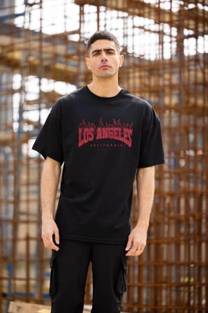 Erkek Kısa Kol Tişört Bisiklet Yaka Los Angeles  Baskılı T-shirt - Siyah