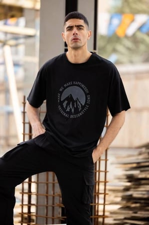 Erkek Baskılı T-shirt Kısa Kol Bisiklet Yaka Regular Fit Rahat Kalıp Günlük Tişört - Siyah