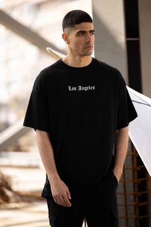 Erkek Kısa Kol Yazlık Tişört Bisiklet Yaka Baskılı Oversize T-shirt - Siyah