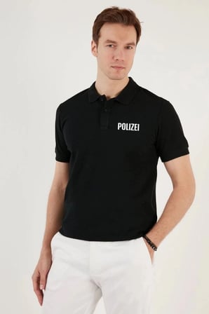 Erkek Polo Yaka Tişört Düğmeli Pike Baskılı T-shirt - Siyah