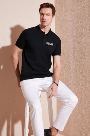 Erkek Polo Yaka Tişört Düğmeli Pike Baskılı T-shirt - Siyah