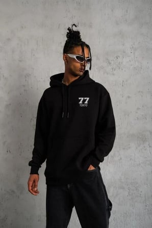 Erkek 3 İplik Pamuklu Kapüşonlu Baskılı Cepli Oversize Sweatshirt Hoodie - Siyah