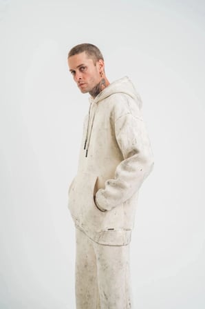 Erkek  3 İplik Pamuklu Oversize Kapşonlu Yıkamalı Sweatshirt Hoodie - Krem