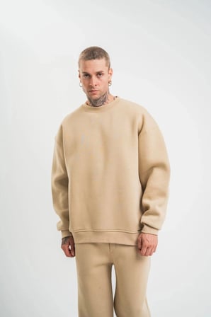 Erkek Uzun Kol Bisiklet Yaka 3 İplik Pamuklu Kışlık Sweatshirt  - Bej