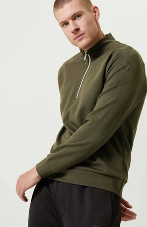 Erkek 3 İplik Pamuklu Uzun Kol Yarım Farmuarlı Yakalı Sweatshirt - - Haki
