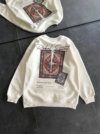Kadın Bisiklet Yaka Kilim Halı Baskılı 3 İplik Pamuklu Sweatshirt - Beyaz