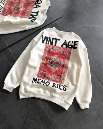 Kadın Bisiklet Yaka 3 İplik Baskılı Oversize Sweatshirt - Beyaz