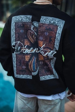 Erkek 3 İplik Pamuklu Bisiklet Yaka Ön Ve Arka Baskılı Sweatshirt - Siyah