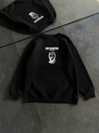 Kadın 3 İplik Kışlık Bisiklet Yaka Baskılı Sweatshirt - Siyah