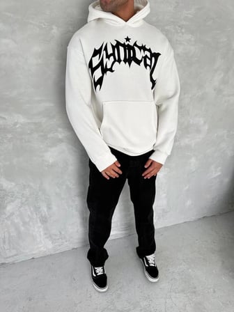 Erkek 3 İplik Pamuklu Kapüşonlu Baskılı Cepli Oversize Sweatshirt Hoodie - Beyaz