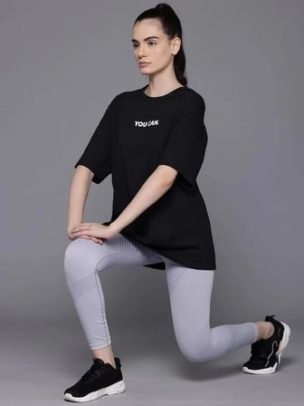 Kadın Baskılı T-shirt Kısa Kol Bisiklet Yaka Oversize Rahat Kalıp Tişört - Siyah
