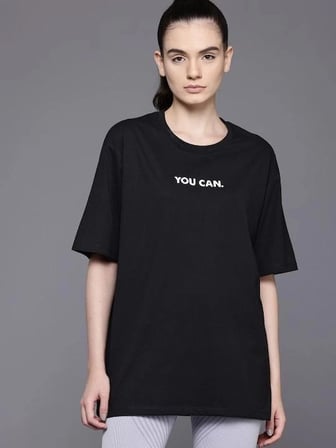 Kadın Baskılı T-shirt Kısa Kol Bisiklet Yaka Oversize Rahat Kalıp Tişört - Siyah