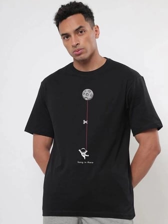 Erkek Baskılı T-shirt Kısa Kol Bisiklet Yaka Regular Fit Rahat Kalıp Tişört - Siyah