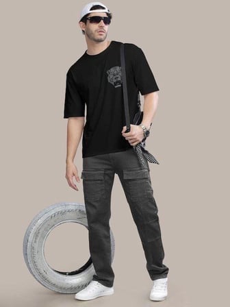 Erkek Kısa Kol Yazlık Tişört Bisiklet Yaka Aslan Baskılı T-shirt - Siyah