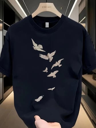 Erkek Özgür Kuşlar Baskılı Tişört Yazlık Bisiklet Yaka Kısa Kol T-shirt - Beyaz