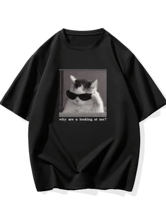 Erkek T-shirt Komik Kedi Baskılı Kısa Kol Tişört - Siyah