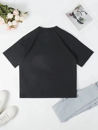 Kadın T-shirt Ördek Baskılı Bisiklet Yakalı Kısa Kol Tişört - Siyah