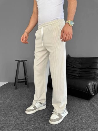 Erkek Su Yolu Çizgili Cepli Pantalon - Bej