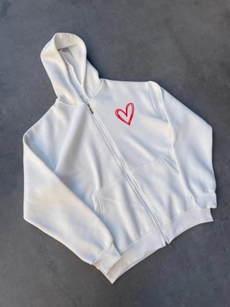 Kadın 3 İplik Pamuklu Fermuarlı Kapüşonlu Sweatshirt Hoodie Hırka - Beyaz