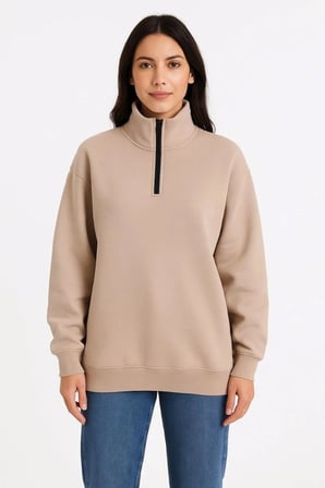 Kadın 3 İplik Dık Yaka Yarım Fermuarlı Sweatshirt - Bej