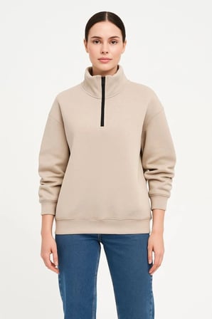 Kadın 3 İplik Dık Yaka Yarım Fermuarlı Sweatshirt - Bej