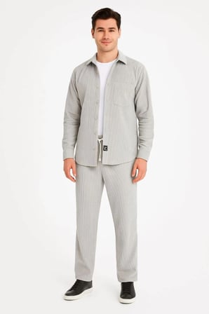Erkek Kadife Oversize Takım Gömlek Pantolon İkili Set - Gri