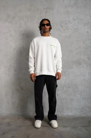 Erkek Oversize Sweatshirt Ön Ve Sırt Baskılı 3 İplik Pamuklu - Beyaz