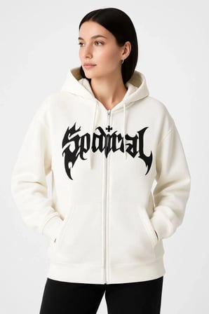 Kadın Kapüşonlu 3 İplik Pamuklu Önü Baskılı Fermuarlı Oversize Hoodie Sweatshirt - Beyaz