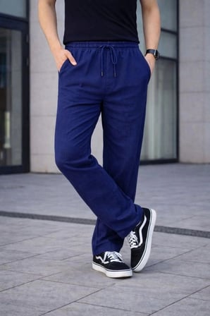 Erkek Keten Cepli Çıma Dikişli Jogger Buggy Pantalon Rahat Kalıp - Lacivert