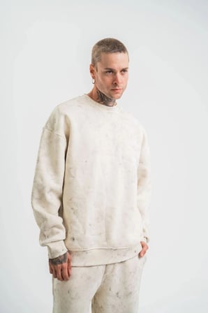 Erkek 3 İplik Pamuklu Yağ Yıkamalı Bisiklet Yaka Sweatshirt Oversize Hoodie - Krem