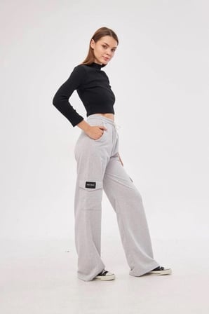 Kargo Cepli Palazzo Oversize Kesim İki İplik Bol Paça Eşofman Altı Pantolon - Gri
