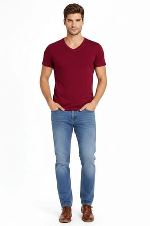 Erkek Body T-shirt V Yaka Slim Fit Likralı Kısa Kol Tişört - Bordo