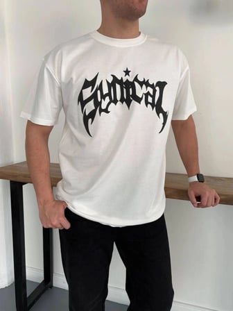 Erkek Kısa Kol Yazlık Tişört Bisiklet Yaka Baskılı Oversize T-shirt - Beyaz