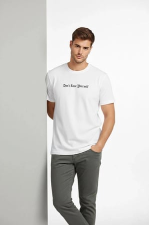 Erkek Wafıl Kumaş Tişört Regular Kalıp Bisiklet Yaka Baskılı T-shirt - Beyaz
