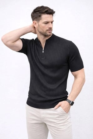Erkek Kısa Kol Fitilli Triko T-shirt Yazlık Hakim Yaka Tişört - Siyah