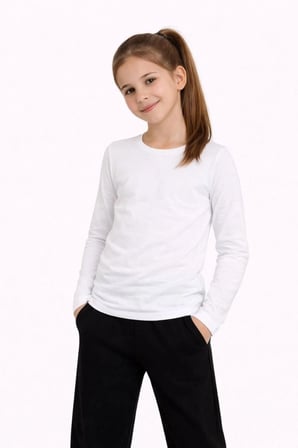 Kız Çocuk Basic Uzun Kollu Tişört Okul Günlük Rahat T-shirt - Beyaz