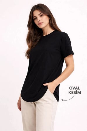 Kadın Basic T-shirt Kısa Kol Bisiklet Yaka Oval Kesim Tişört - Siyah