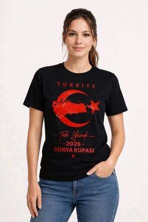 Kadın Türkiye Ay Yıldız 2026 Dünya Kupasi Taraftar Forma T-shirt - Siyah