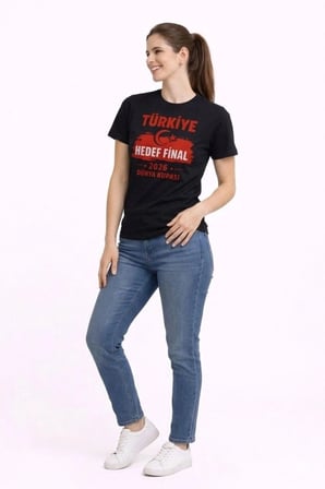Kadın Türkiye Baskılı Tişört Ay Yıldız 2026 Dünya Kupası Taraftar Forma T-shirt - Siyah