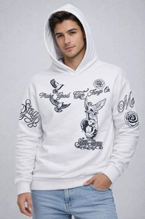 Erkek 3 İplik Pamuklu Kapüşonlu Baskılı Sweatshirt Hoodie - Beyaz