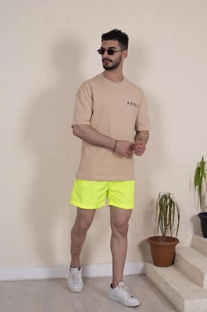 Erkek Deniz Şortu Fermuarlı Cepli File Astarlı - Neon Yeşili