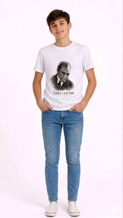 Erkek Çocuk Atatürk Baskılı Tişört Kısa Kollu Bisiklet Yaka T-shirt - Beyaz
