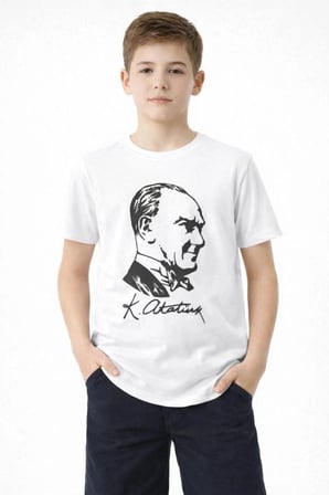 Erkek Çocuk Atatürk Baskılı Tişört Kısa Kollu Bisiklet Yaka T-shirt - Beyaz