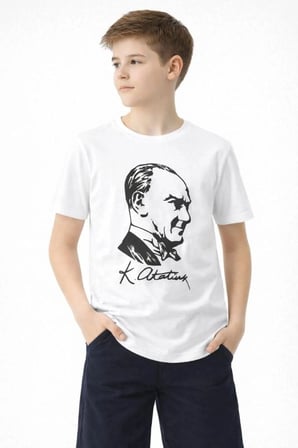 Erkek Çocuk Atatürk Baskılı Tişört Kısa Kollu Bisiklet Yaka T-shirt - Beyaz